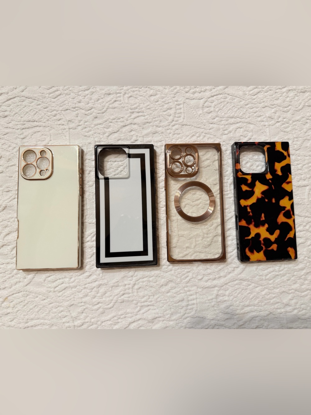 iPhone 16 Pro Max Square phone cases set. Tortoise, Clear, Geometric, White
